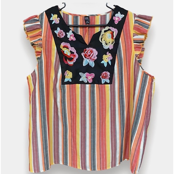 NEW! Plus V Neck Vertical Stripes Ruffle Sleeve  Woven Embroidered Top - Picture 1 of 7